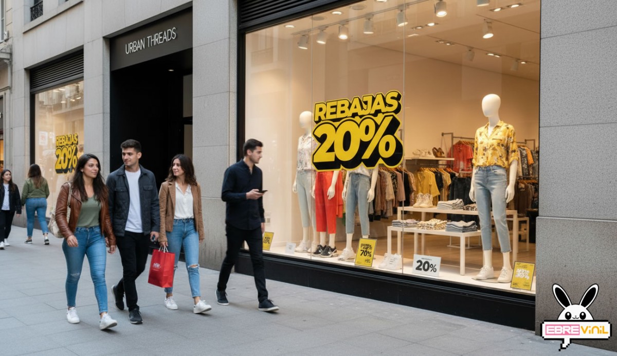Cartelería adhesiva de rebajas para escaparates de comercios en España: moda, calzado, deportes, ópticas y joyerías