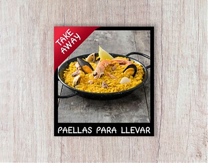  Cartel impreso sobre vinilo adhesivo PAELLAS PARA LLEVAR - Vinilo decorativo restaurantes y bares PAELLA - SPANISH FOOD 07750