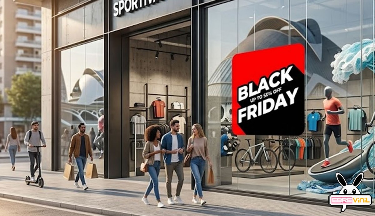 Cartelería adhesiva Black Friday aplicada en escaparate de tienda de electrónica