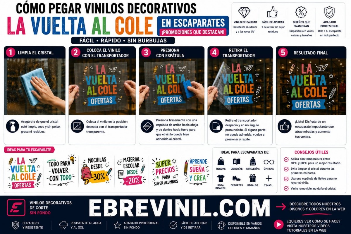 carteles pegatinas adhesivos escaparates vuelta al cole tiendas comercios libreria papeleria ropa infantil calzado