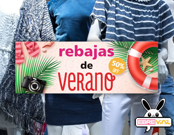 Cartel impreso sobre vinilo adhesivo para la promoción de REBAJAS DE VERANO