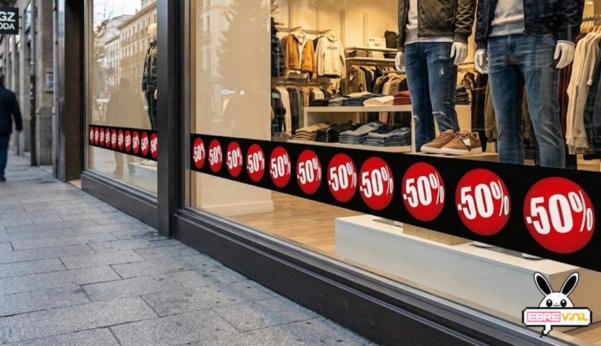 Círculos rojos vinilo descuento aplicados en cristal de tienda