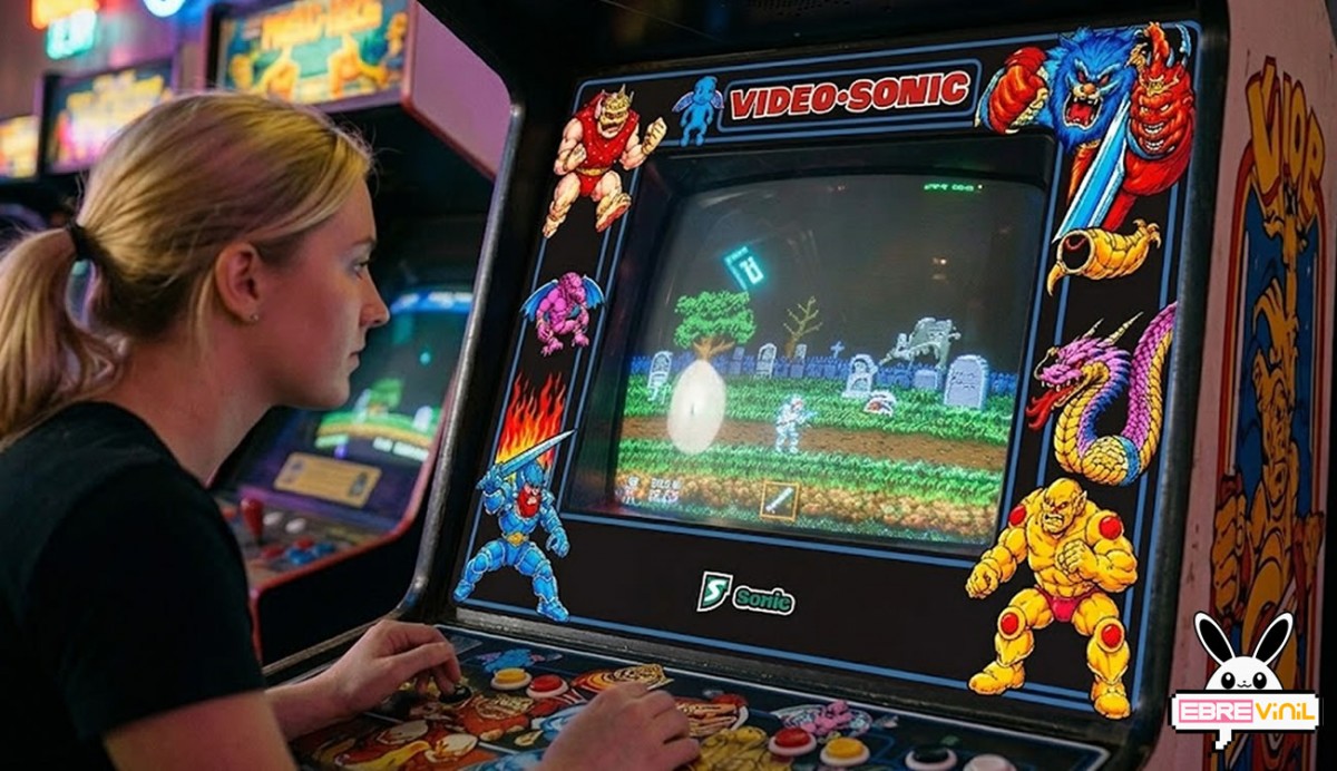 Detalle vinilo arcade impreso con personajes Ghosts n Goblins