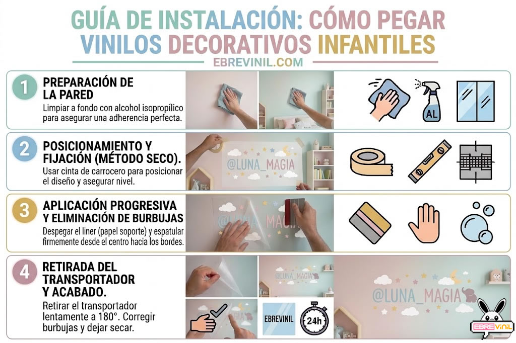 Infografía de 4 pasos con colores pastel sobre cómo pegar un vinilo de corte infantil con nubes y estrellas en la pared de una habitación.