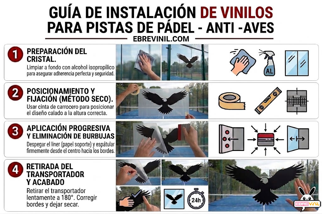 Infografía de 4 pasos con texto grande sobre cómo pegar un vinilo de corte con silueta de ave rapaz en el cristal de una pista de pádel