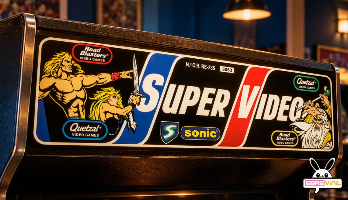 Vista en perspectiva de un salón recreativo con varias máquinas arcade, destacando una marquesina Gauntlet Super Vídeo iluminada en la parte superior
