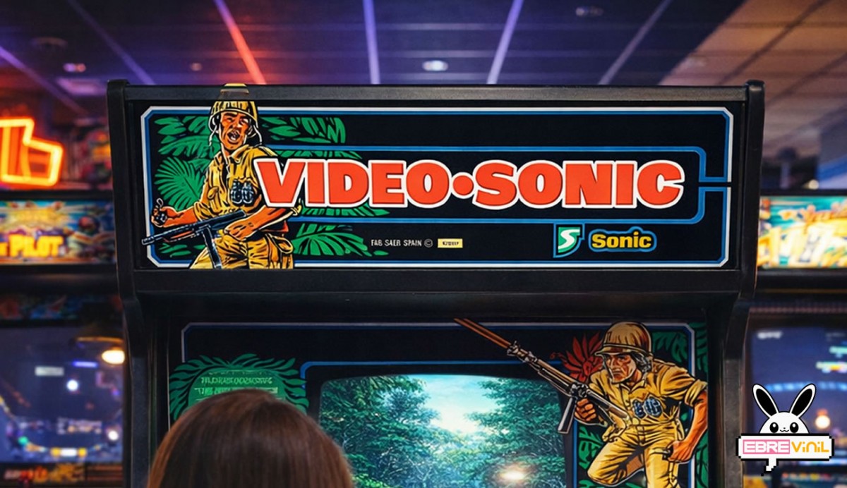Detalle del diseño de la marquesina Comando con tipografía y elementos gráficos inspirados en el videojuego para mueble Videosonic