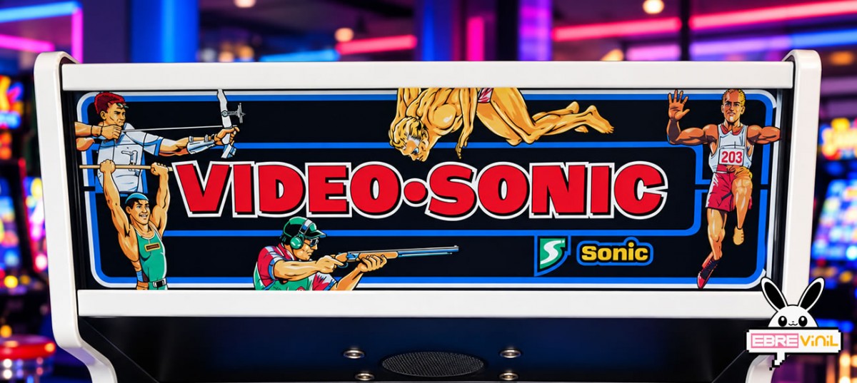 Diseño completo de la marquesina HYPER SPORTS VIDEO SONIC con estética de máquina recreativa deportiva clásica