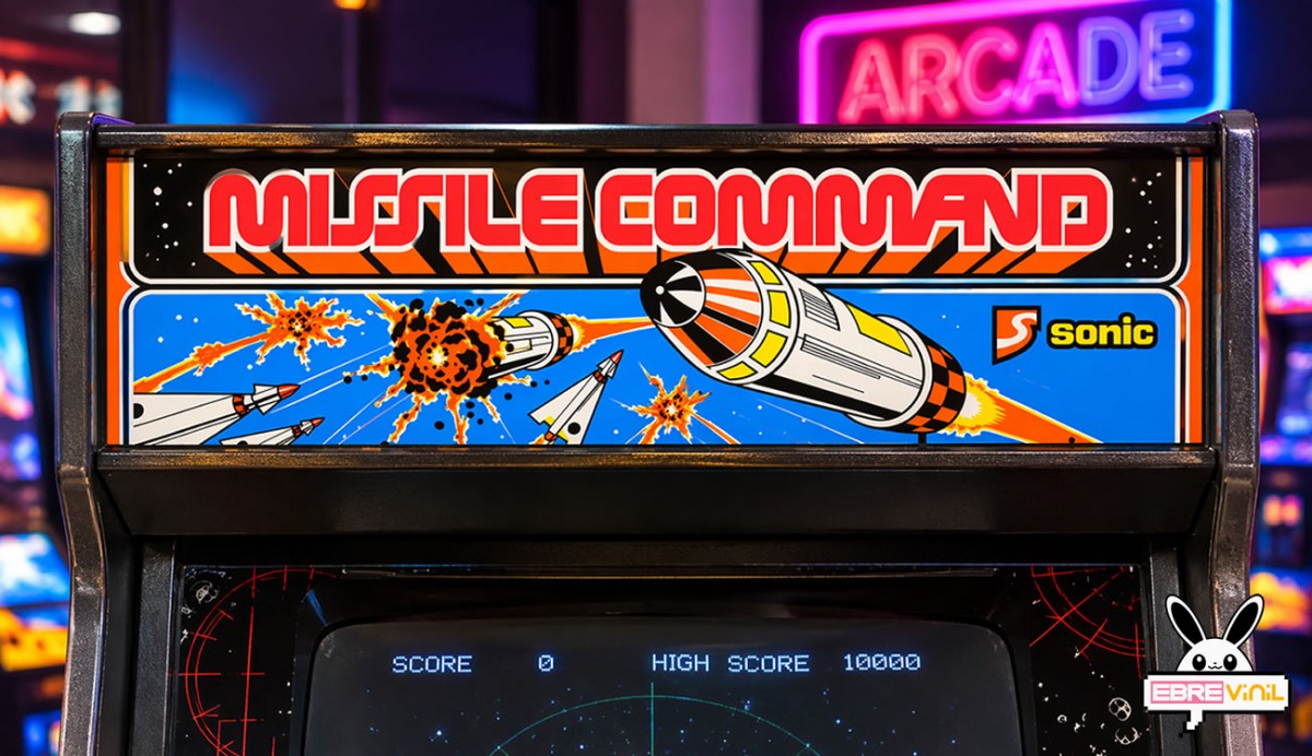 Diseño completo de la marquesina Missile Command con estética de máquina recreativa arcade clásica de Atari