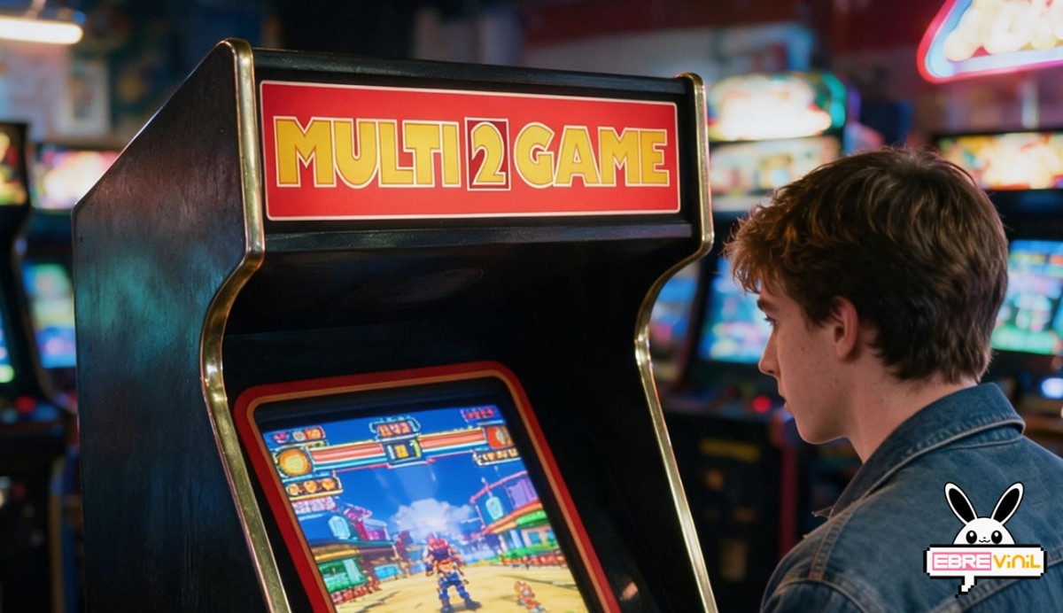 Máquina recreativa arcade completa con la marquesina Multidos Game restaurada y en funcionamiento