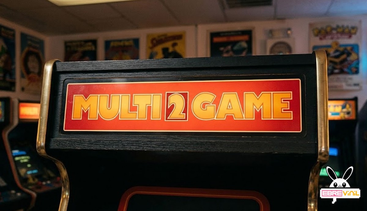 Diseño de la marquesina Multidos Game con logotipo en tonos amarillos y rojos sobre fondo intenso