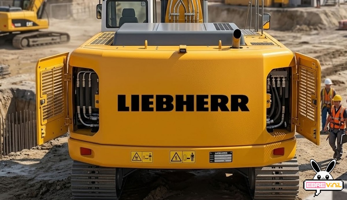 Pegatina de vinilo de corte LIEBHERR en pluma y lateral de excavadora amarilla