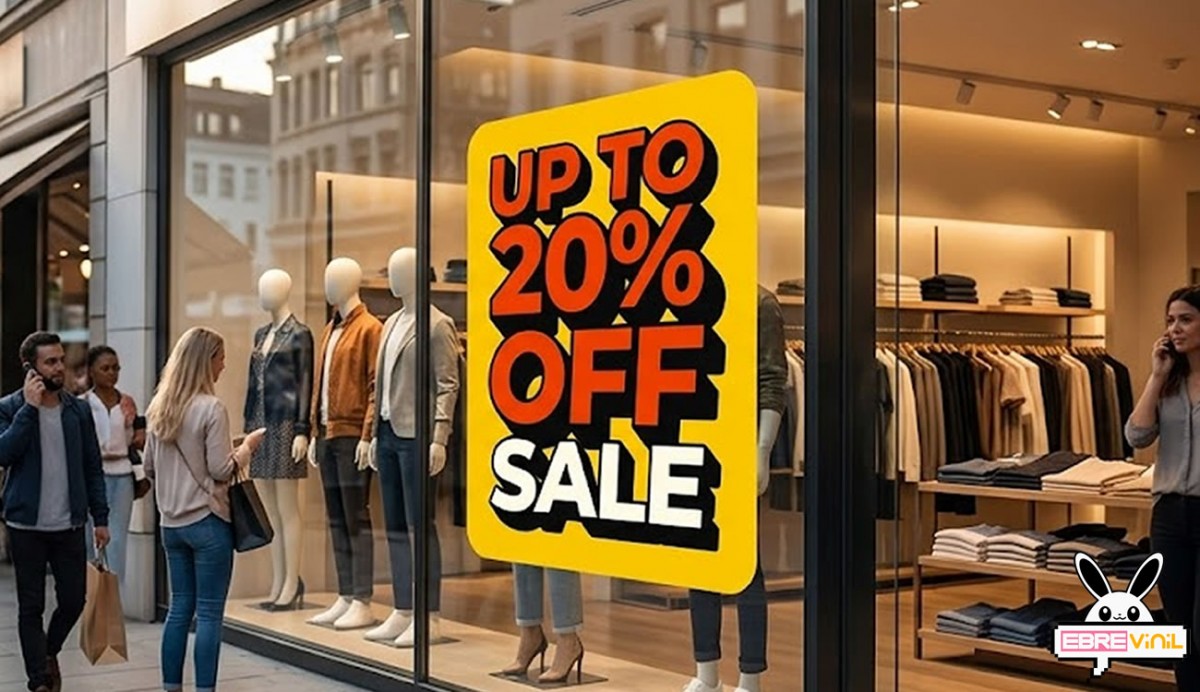 Pegatina SALE UP TO 20% OFF en escaparate de tienda de moda