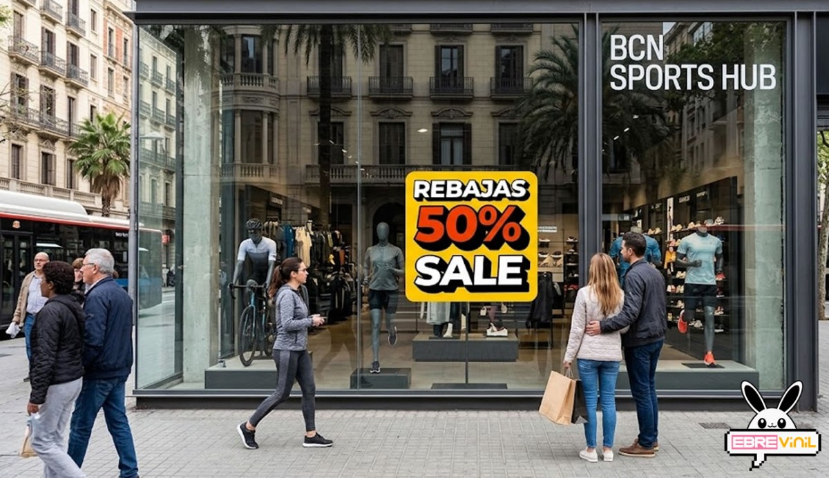 Pegatina de descuento con porcentaje personalizado en cristalera de tienda en centro comercial