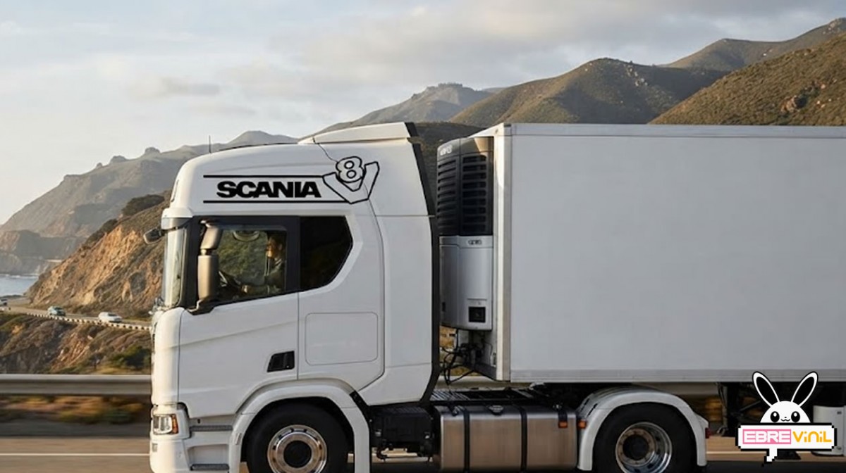 Pegatina Scania V8 aplicada en el lateral de la cabina de un camión Scania