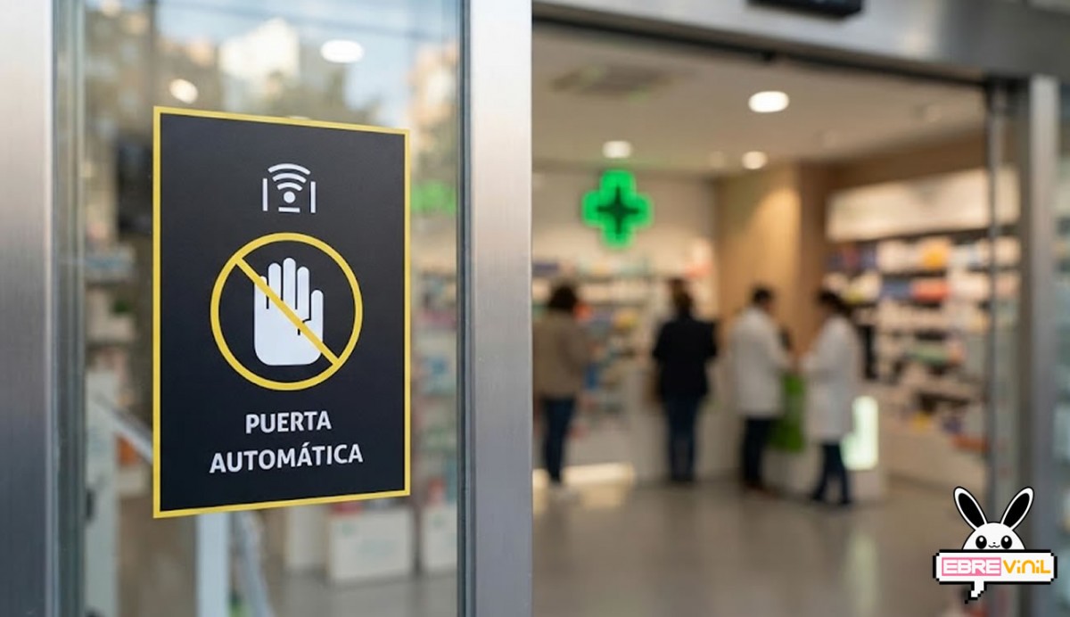 Señal adhesiva de puerta automática aplicada en entrada de tienda comercial