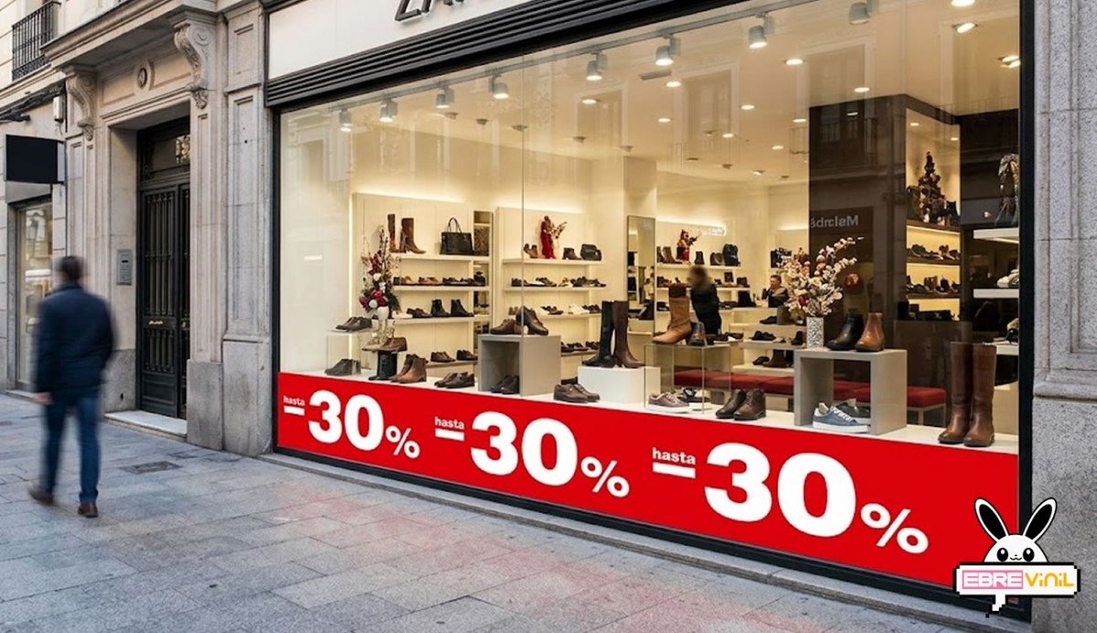 Tira vinilo hasta descuento aplicada en cristal de escaparate comercial