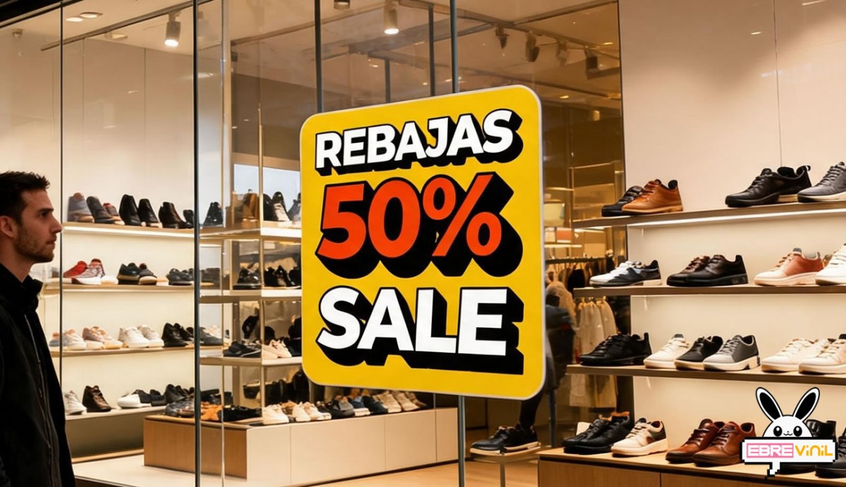 Vinilo adhesivo personalizado REBAJAS SALE con fondo amarillo en escaparate de tienda de ropa