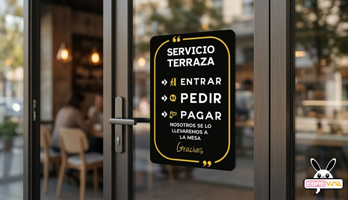 Vinilo adhesivo servicio terraza entrar pedir pagar en puerta cristal bar restaurante