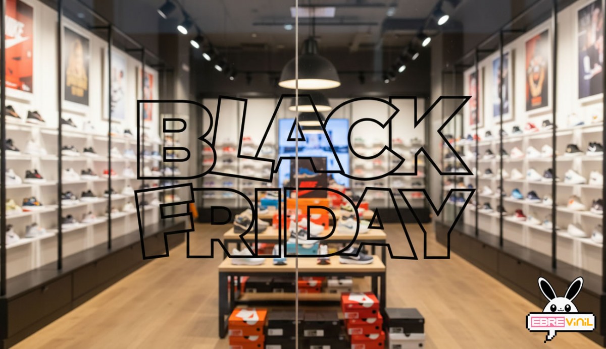 Vinilo BLACK FRIDAY instalado en escaparate de tienda comercial letras contorneadas cristal