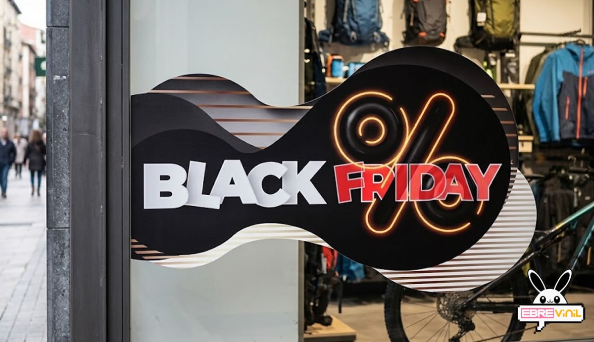 Vinilo Black Friday forma orgánica neón porcentaje negro rojo blanco