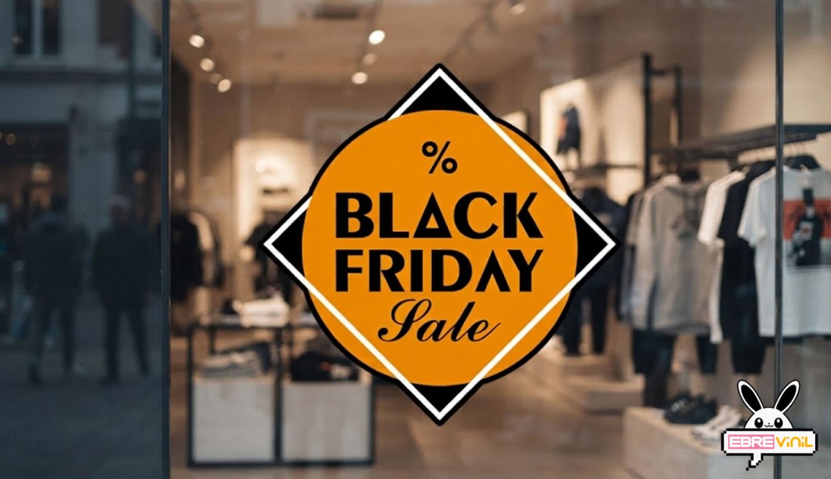 Vinilo Black Friday Sale adhesivo promocional naranja negro porcentaje diamante