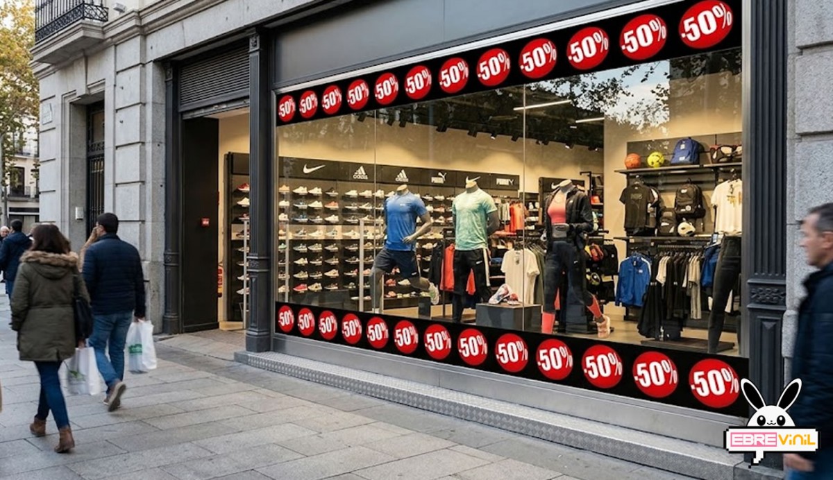 Vinilo circular descuento rojo en escaparate de tienda de moda