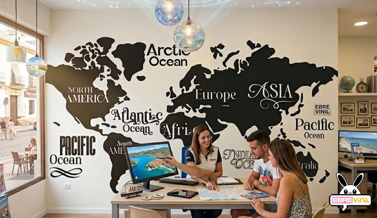 Vinilo decorativo mapa mundi con continentes y océanos etiquetados tipográficamente