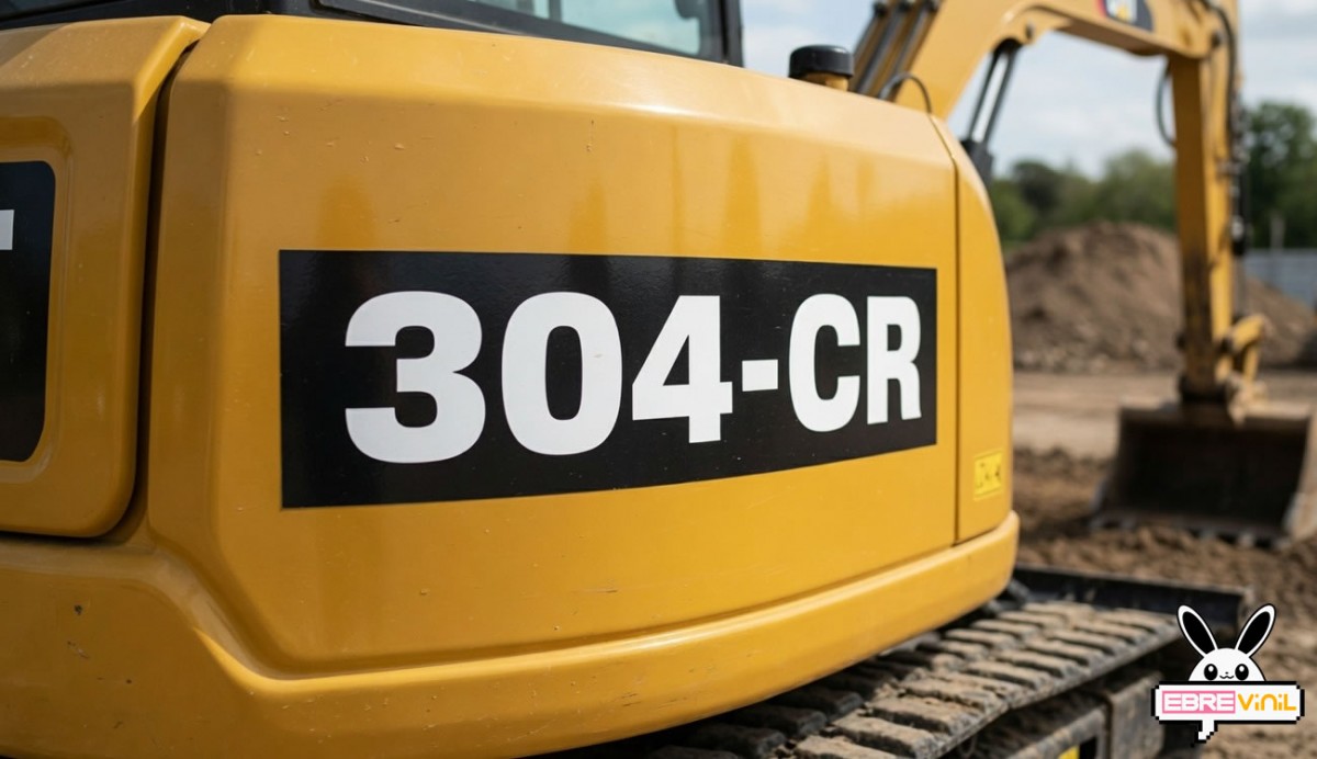 Vinilo adhesivo impreso 304-CR blanco sobre negro en carrocería de miniexcavadora Caterpillar