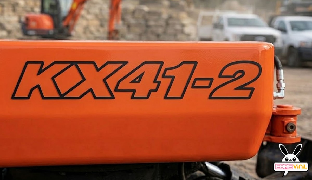 Vinilo ribeteado KX41-2 en lateral de mini excavadora en obra