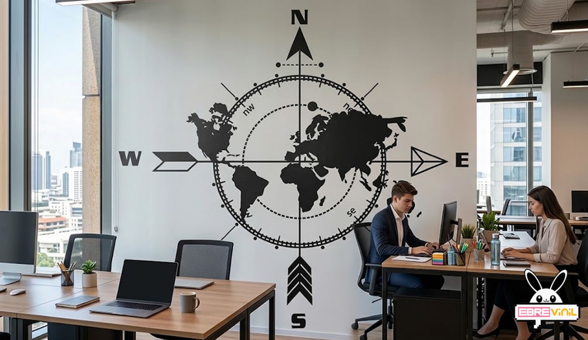 Vinilo adhesivo mapa mundi con brújula aplicado en pared de oficina