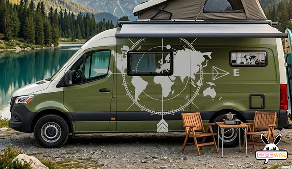 Vinilo adhesivo mapa mundi con rosa de los vientos en furgoneta camper