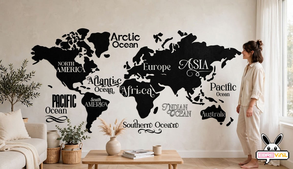 Vinilo decorativo mapa mundi en habitación infantil con diseño educativo