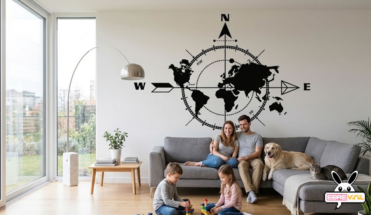 Vinilo Mapa Mundi con brújula colocado en pared de salón