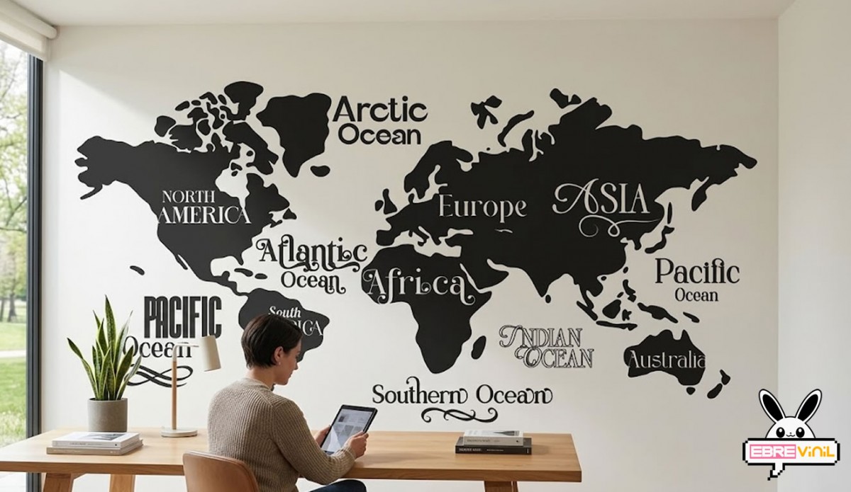 Vinilo adhesivo mapa mundo aplicado en pared de oficina moderna