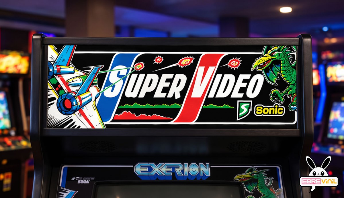 Vinilo opaco para marquesina recreativa Exerion Super Video con diseño frontal vibrante estilo Egasonic