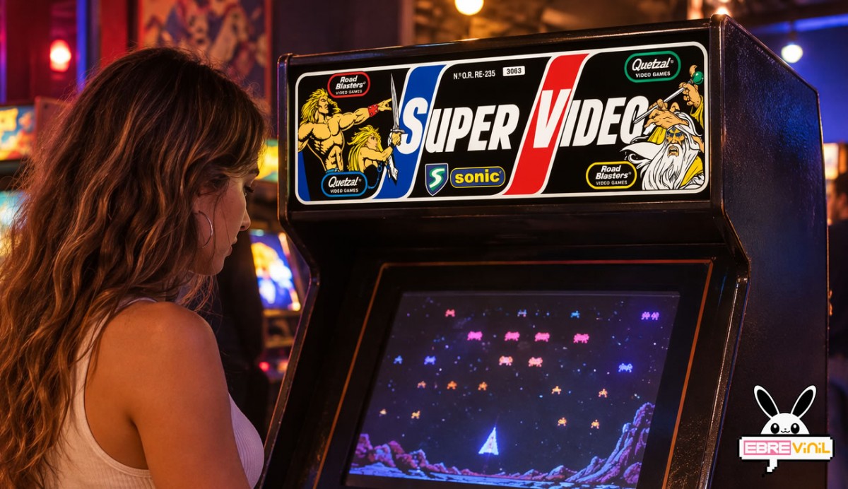 Marquesina Gauntlet instalada en la parte superior de un mueble arcade genérico Super Vídeo, vista frontal del cabinet completo