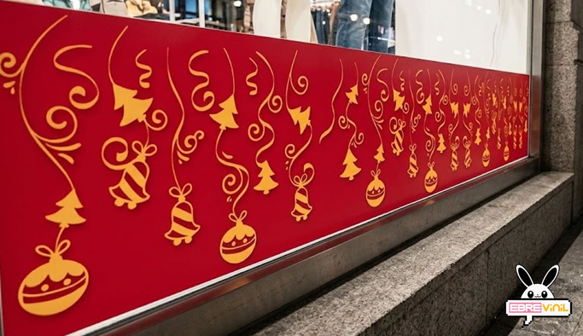Vinilo adhesivo navidad dorado rojo adornos campanas bolas escaparate